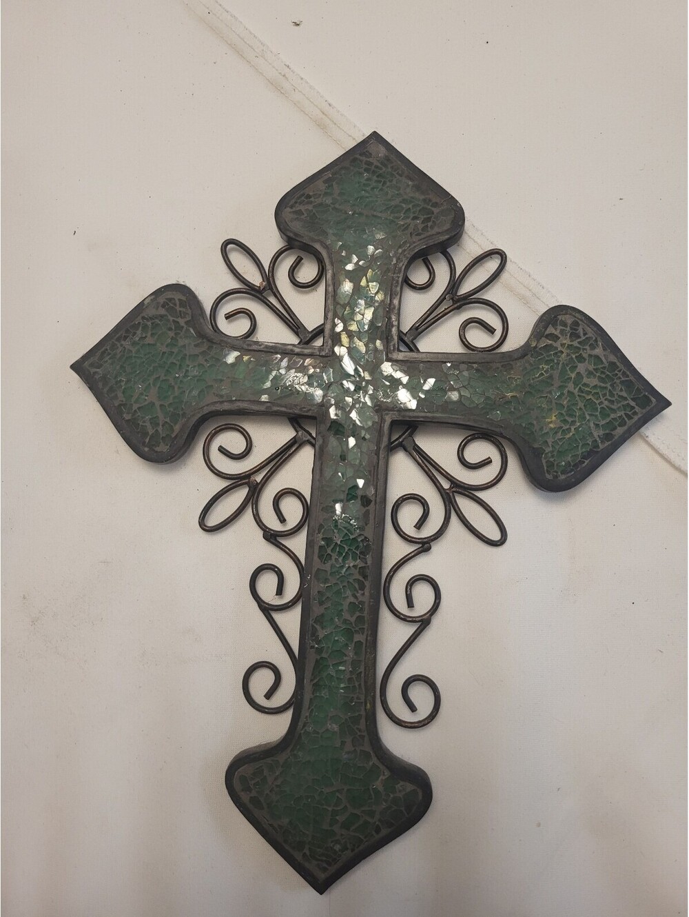 Decorative 12x9" Green and Black Metal Wall Cross